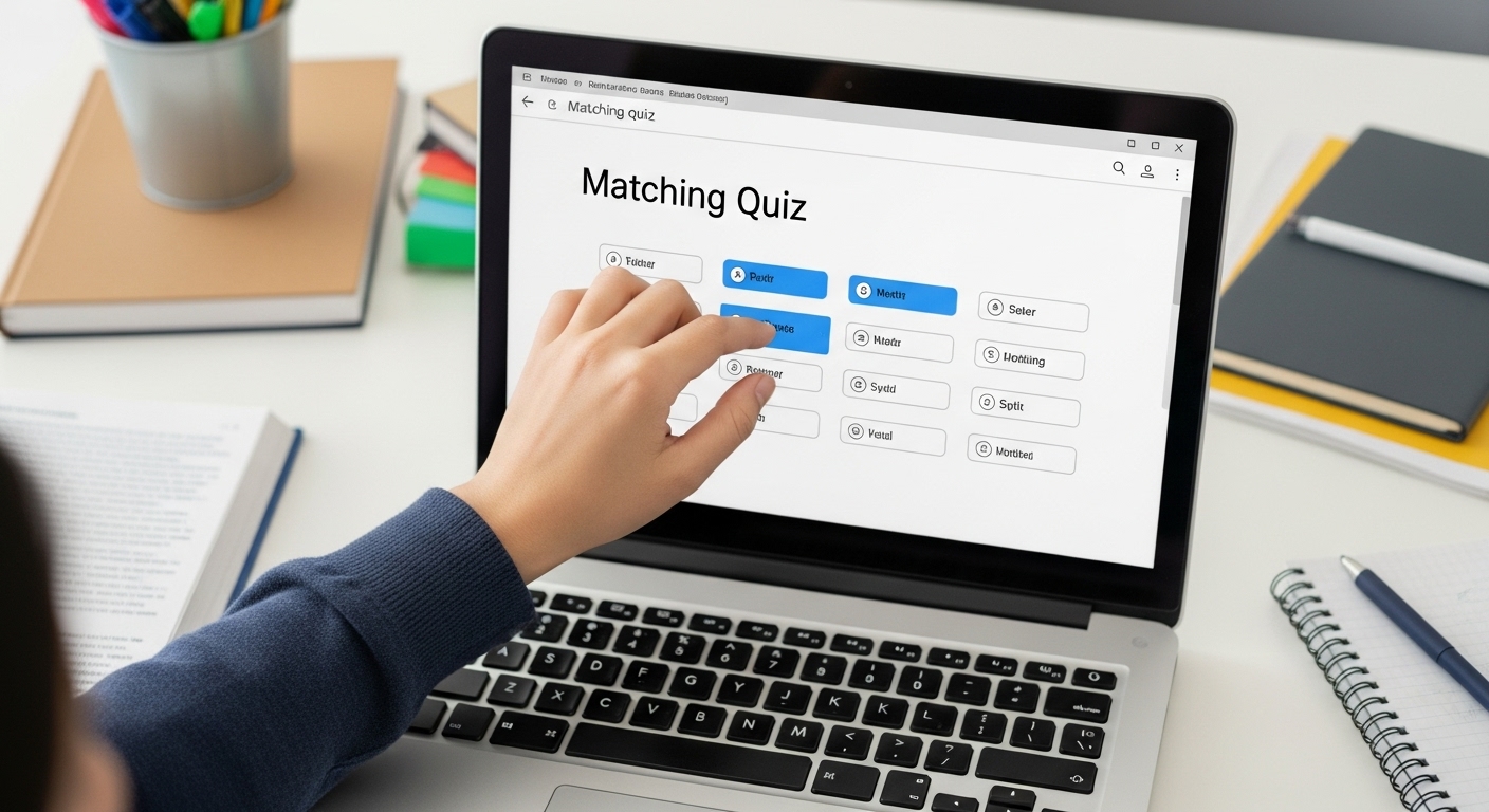Laptop displaying a drag-and-drop matching activity on Gimkit-style educational interface