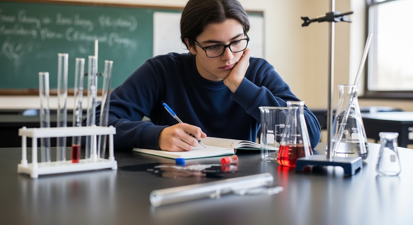 Student analyzing what went wrong in a classroom science experiment using a notebook and lab tools