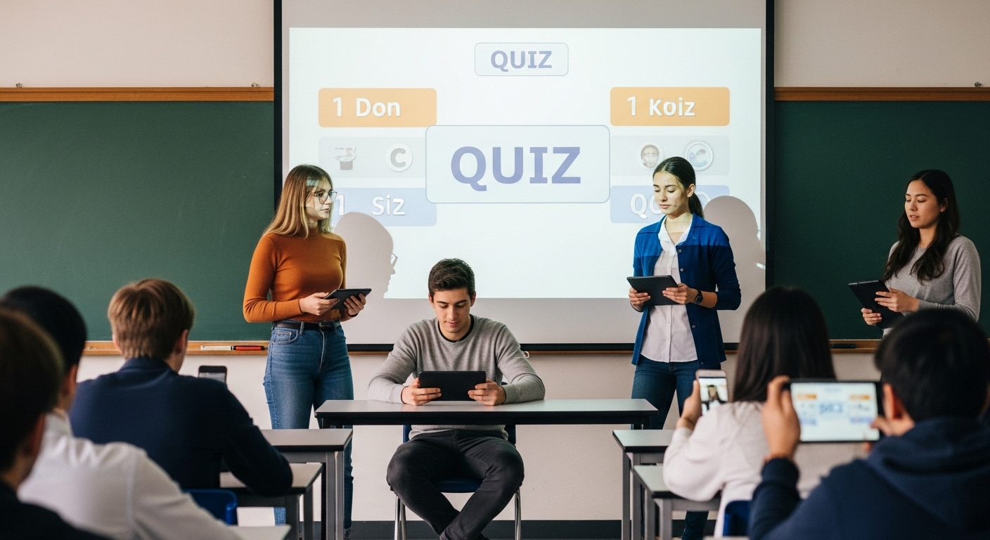 Students presenting a science project while classmates participate in a live Gimkit quiz on their devices.