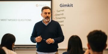 A middle school teacher leads a post-Gimkit game discussion using classroom data on a screen, encouraging student reflection and learning through debriefing.