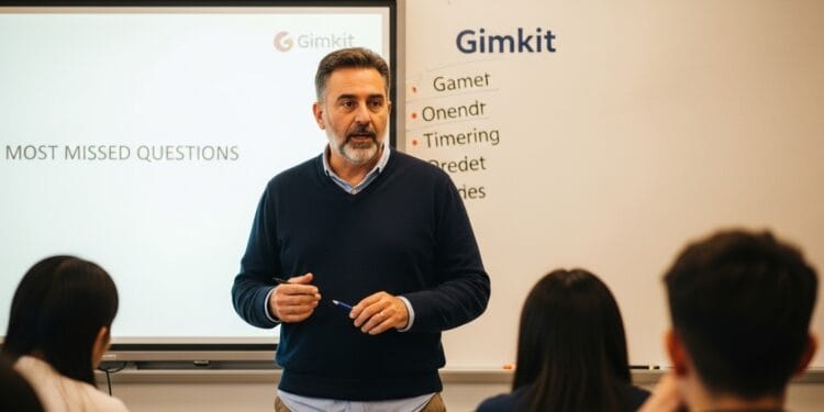 A middle school teacher leads a post-Gimkit game discussion using classroom data on a screen, encouraging student reflection and learning through debriefing.