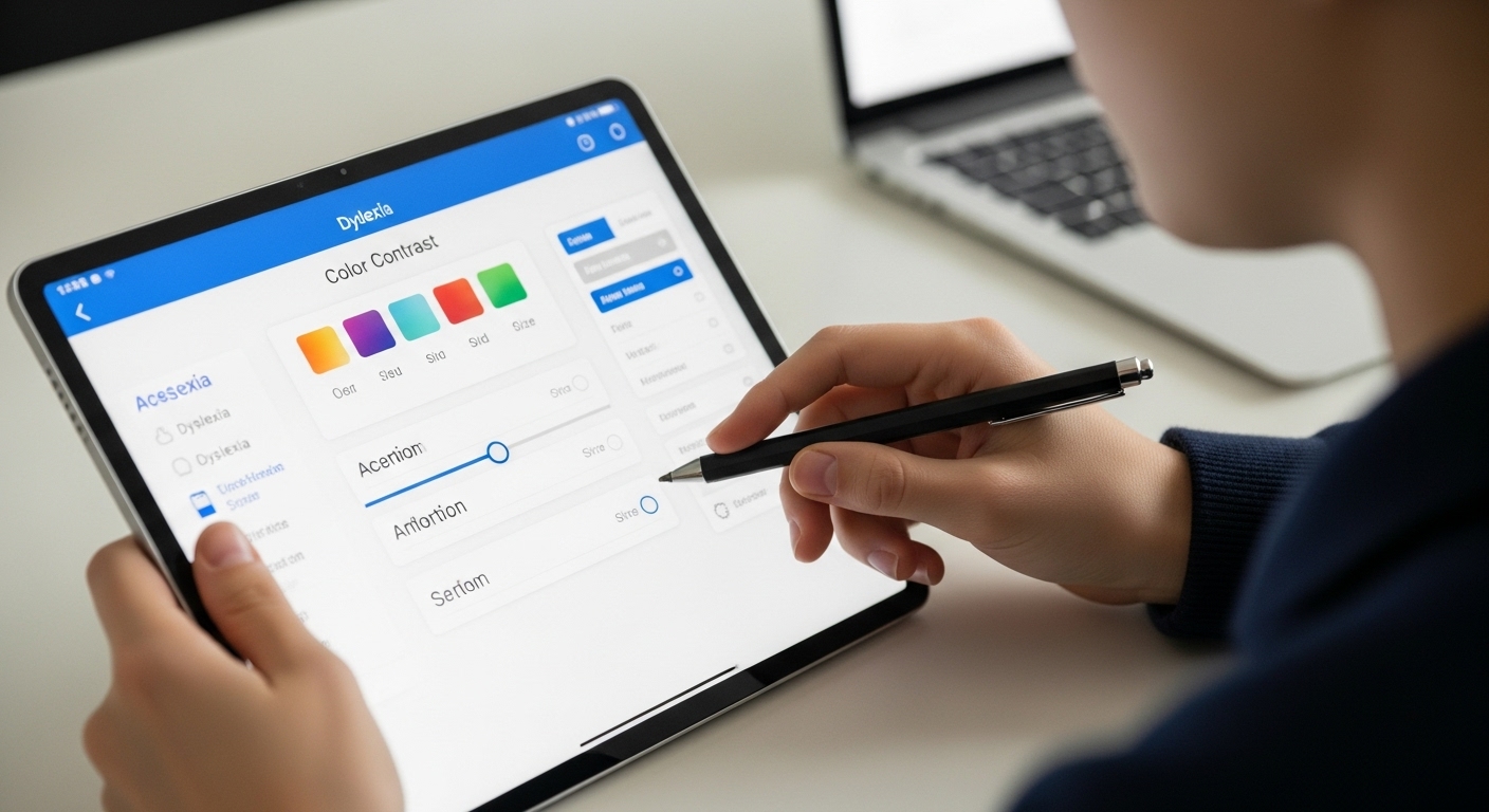 Close-up of a tablet screen showing customizable font and color contrast settings for students with visual impairments
