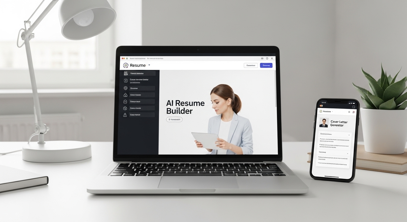A professional workspace setup with a smartphone, laptop, and digital resume builder on screen, emphasizing AI-powered tools for job applications