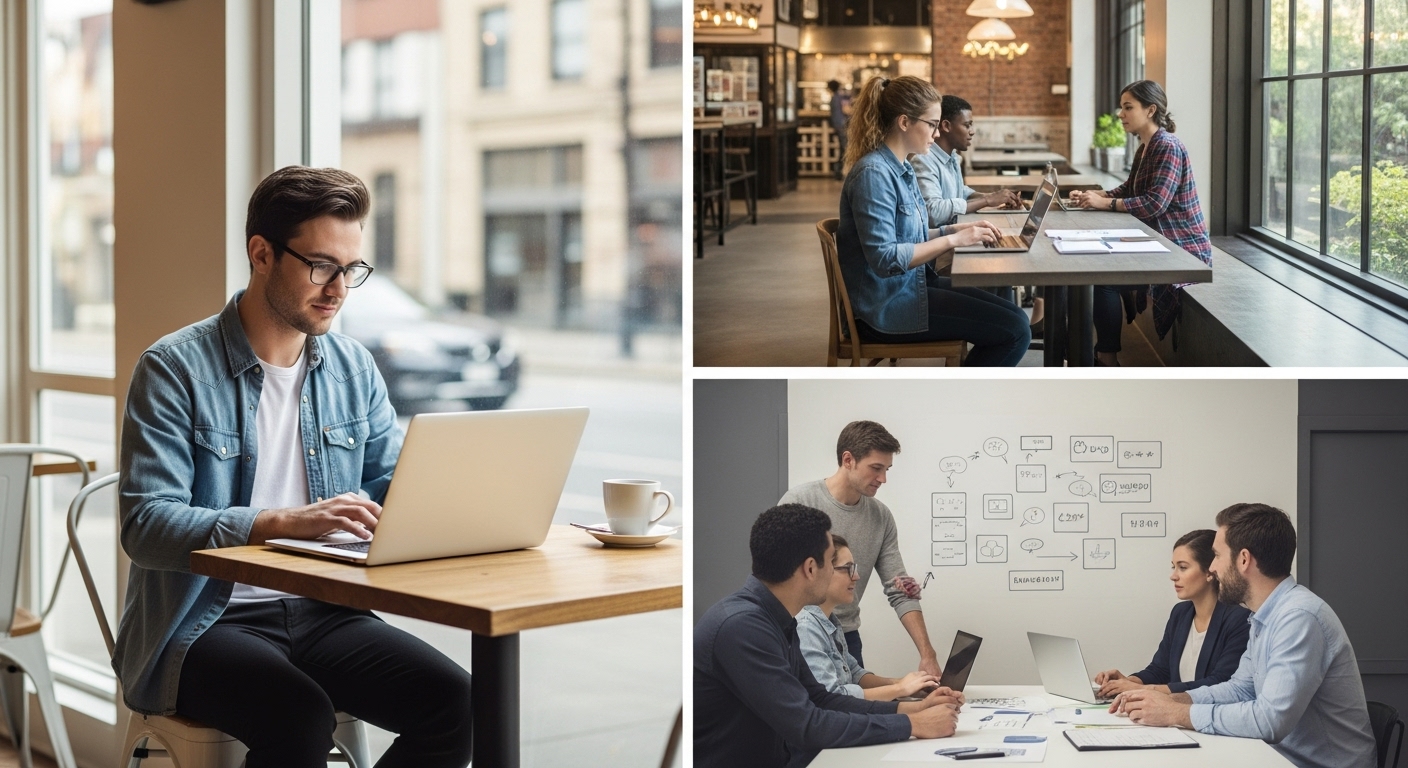 Freelancers, small business owners, and startup teams working on email campaigns with laptops, showing the versatility of Mailrelay for different users.

