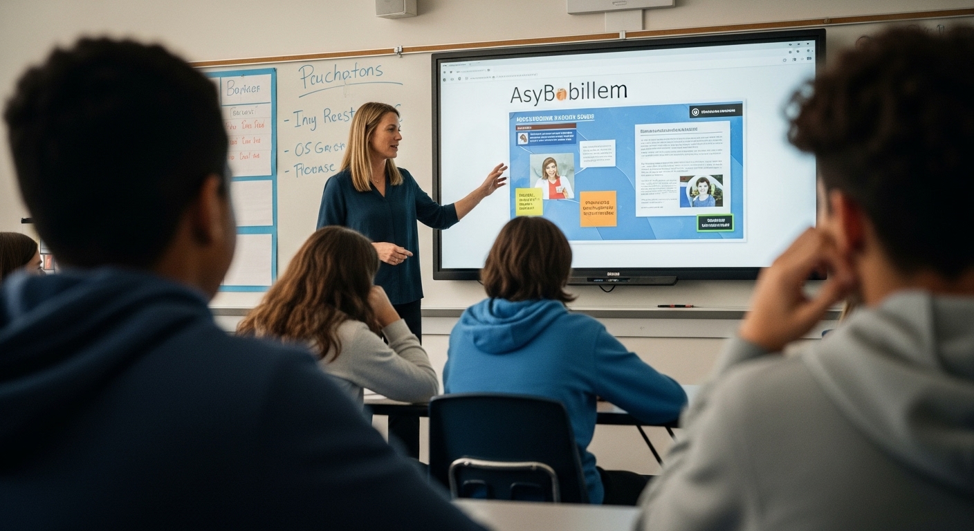 A teacher guiding students after a classroom game, linking game outcomes to subject content using a whiteboard and visual aids. 