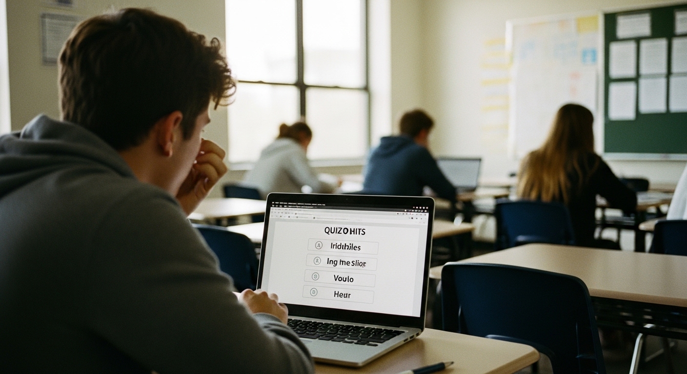 A student looking puzzled at a multiple-choice quiz screen with clearly silly or unrelated answers."