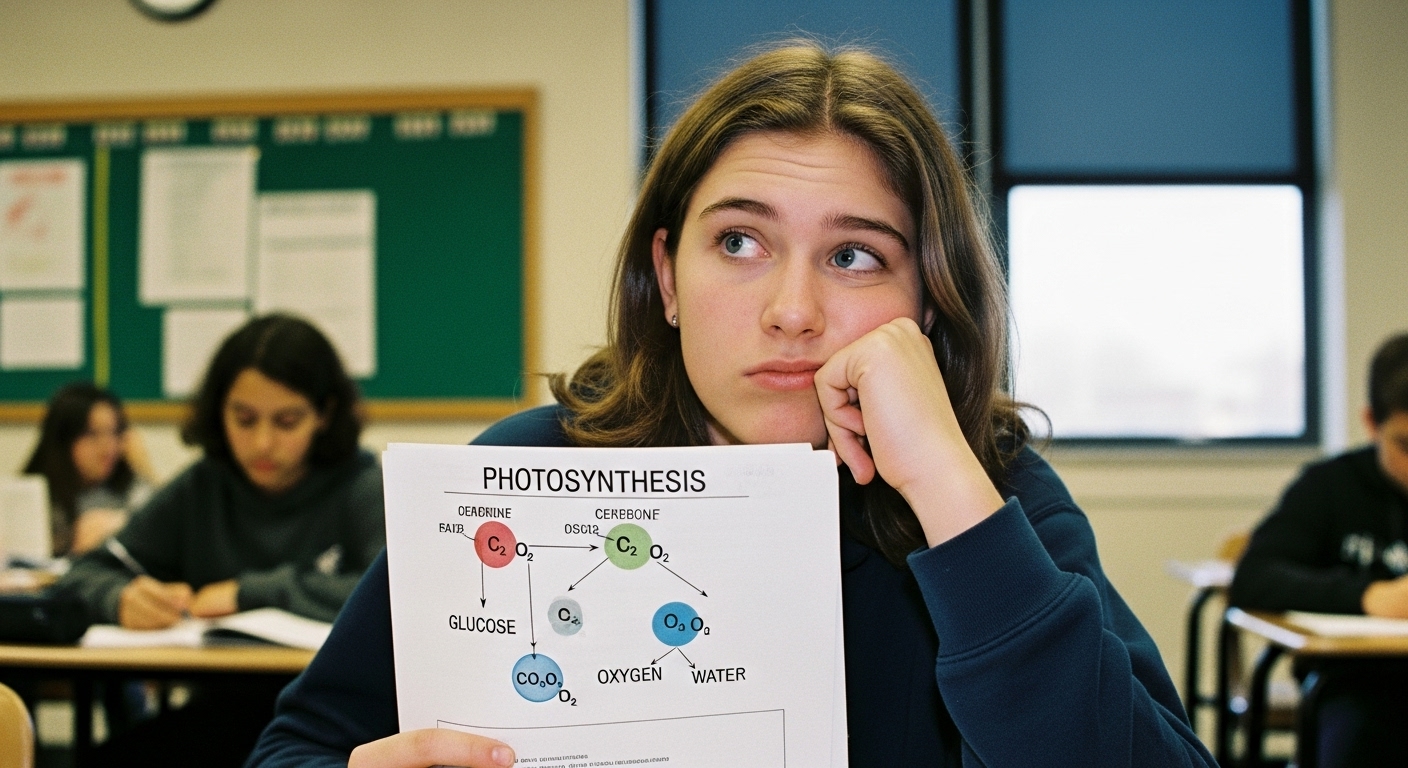 A student looking puzzled while reading a science worksheet, confused between photosynthesis inputs and outputs