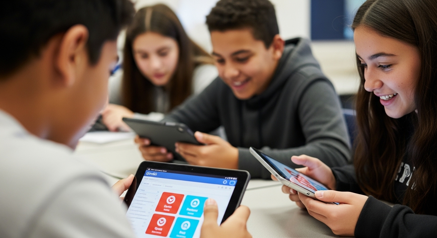 Interactive classroom where students are competing on Gimkit using tablets and laptops for learning

