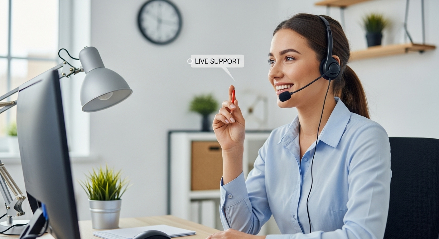 Customer support agent on live chat helping a user with email setup, smiling in office headset.