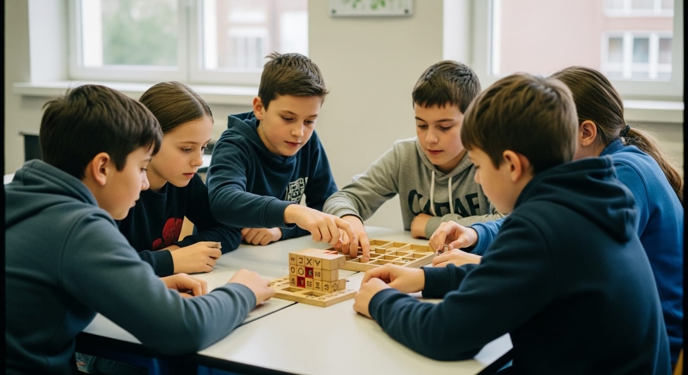 A group of children working together on a challenging puzzle, showcasing critical thinking and collaboration.