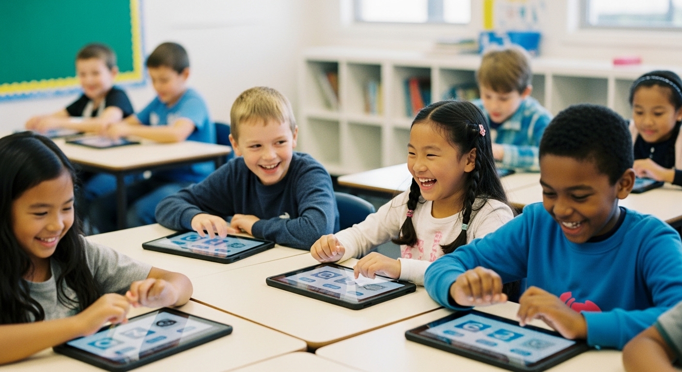 A group of excited elementary students smiling and playing an educational game on tablets during class.