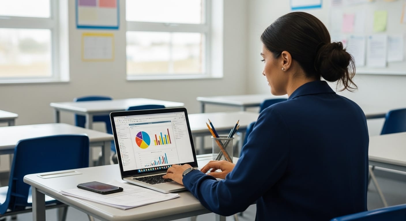 Teacher reviewing Gimkit reports on a laptop in a classroom setting 