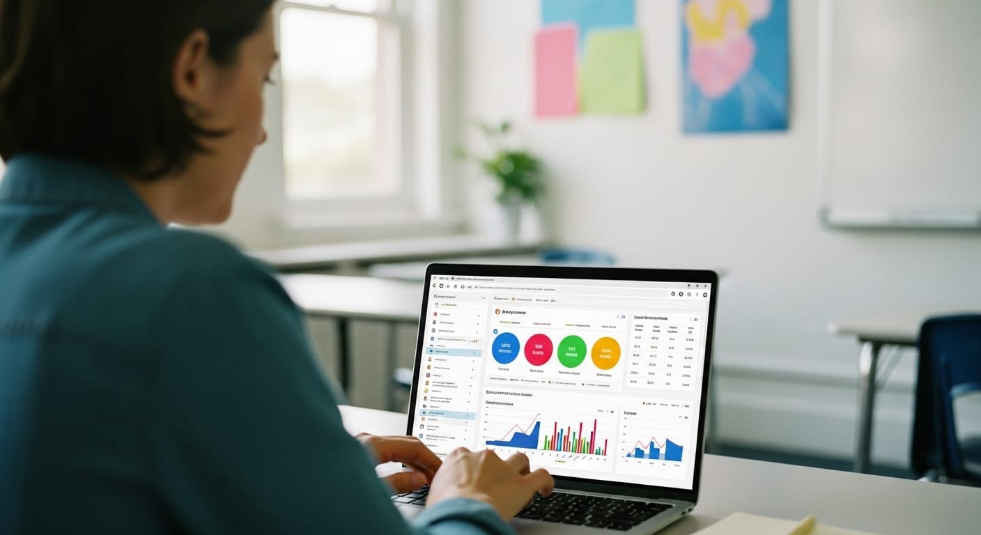 A detailed view of a teacher analyzing Gimkit report dashboard with student performance metrics and quiz data breakdown for instructional use.