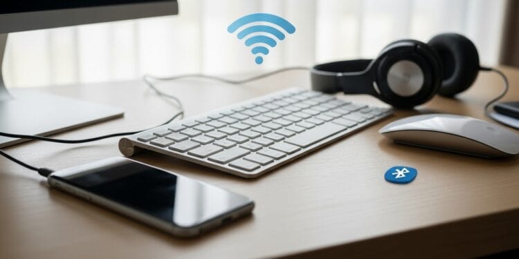 Classic Bluetooth-enabled devices like a smartphone, wireless keyboard, and mouse connected on a desk setup