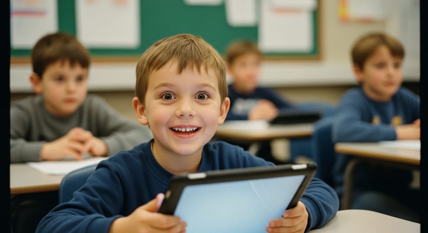 Happy student with glowing tablet, illustrating the joy of learning when lessons feel relevant and engaging
