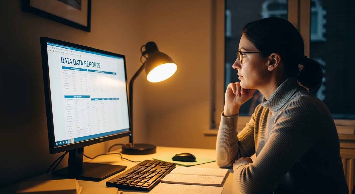 A teacher reviewing educational analytics on a computer screen in a quiet home office, with notes and reports open.