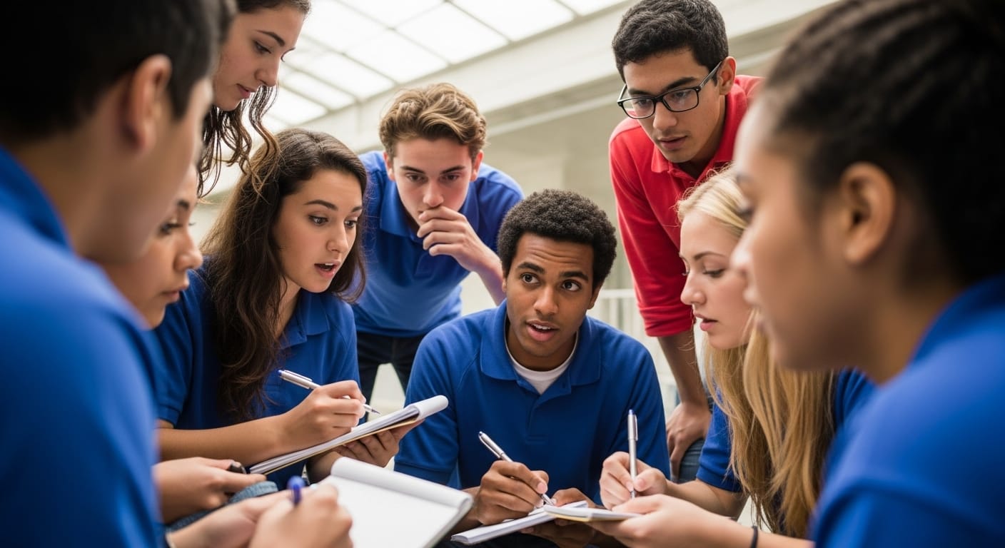 Students having a post-game discussion to reflect on learning outcomes and strategies used during Gimkit