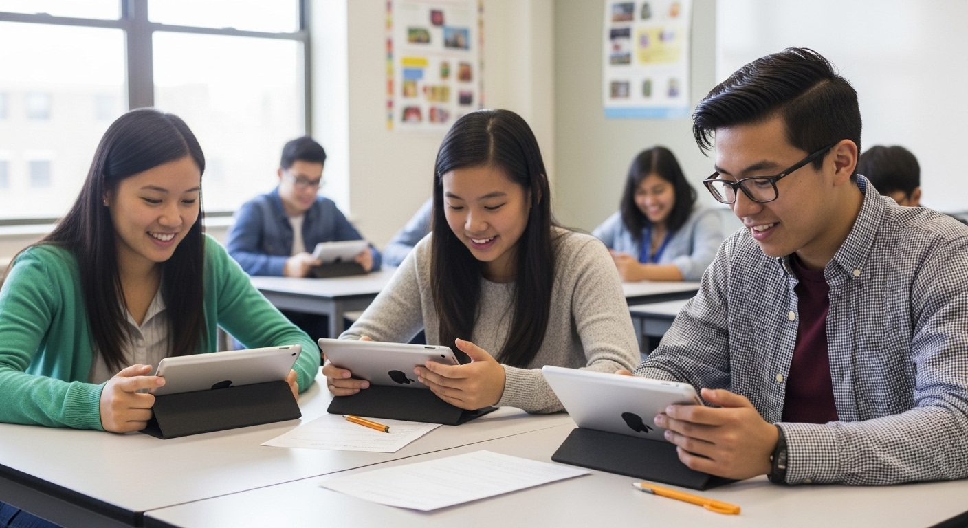 Students using tablets in small groups during a classroom activity focused on making positive choices and solving real-life behavior scenarios.

