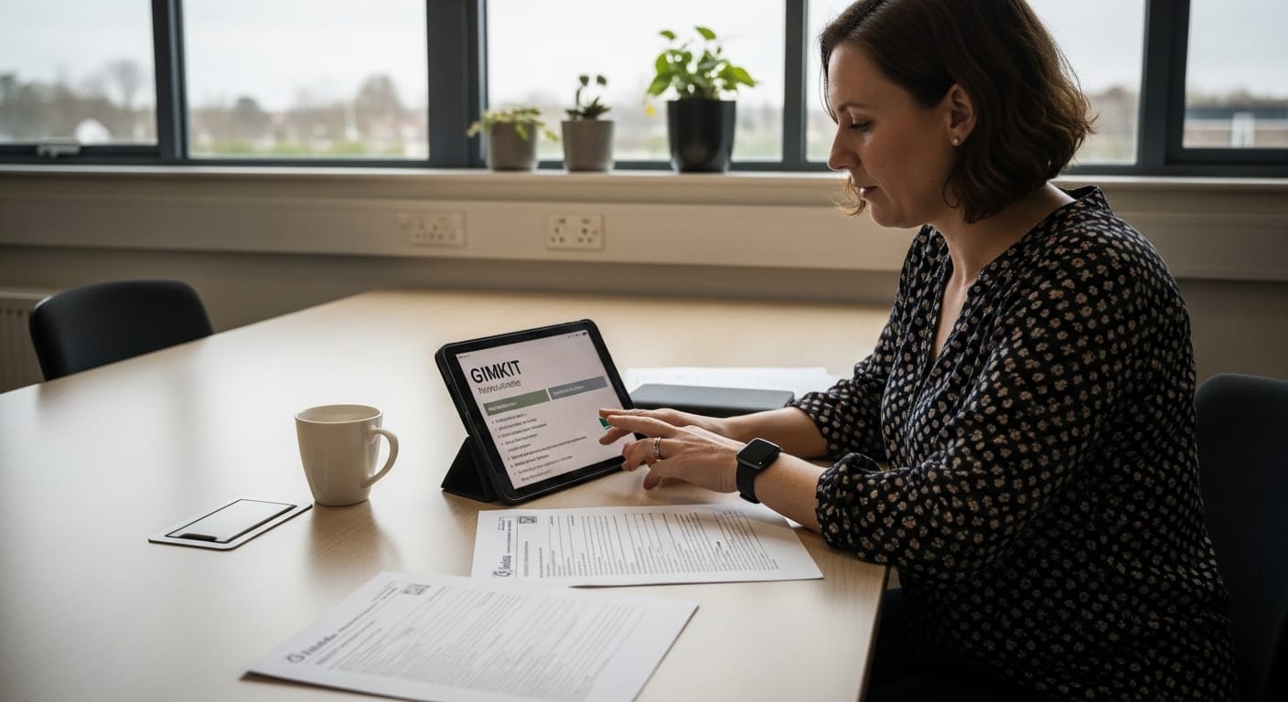  A teacher comparing Gimkit analytics on a tablet with traditional test papers spread out on a desk. 