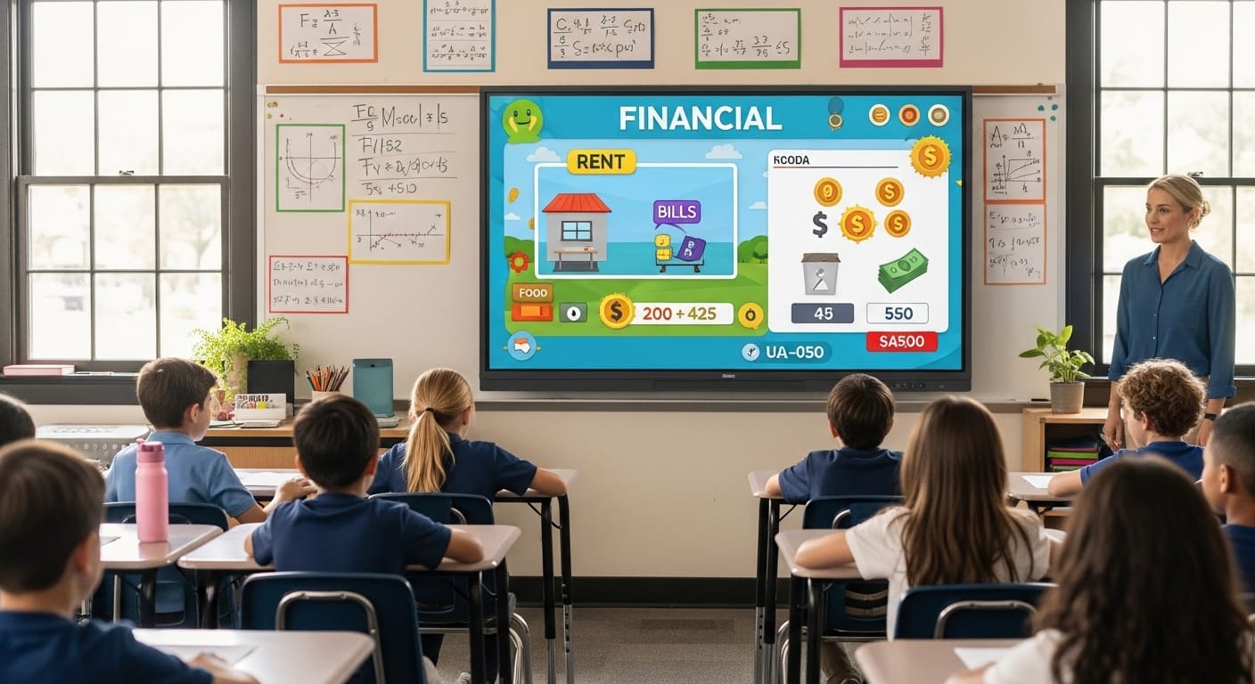 "Students in math class using Gimkit to earn and manage money, simulating real-life budgeting with math problems