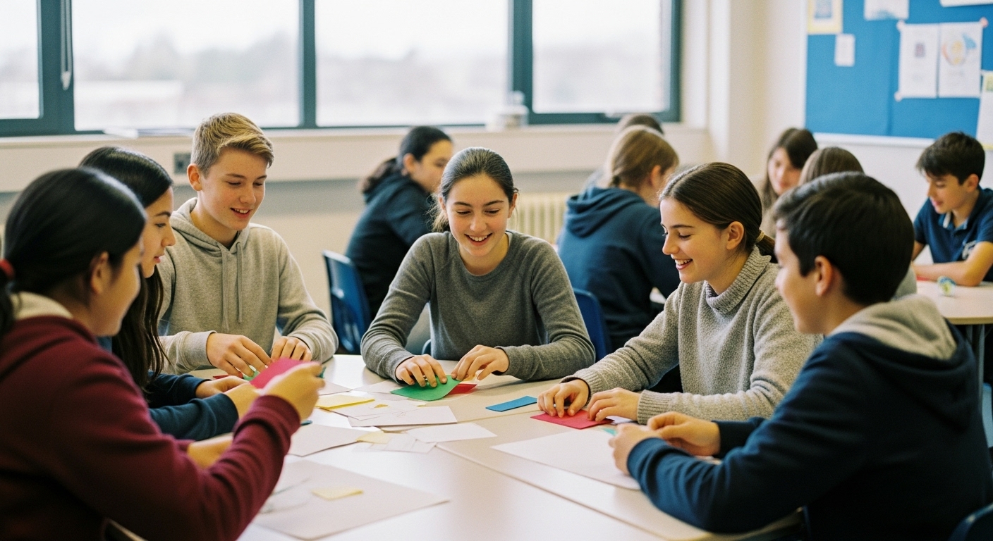 Students grouped around a table working on a fun classroom team challenge with hands-on materials, promoting teamwork and collaboration