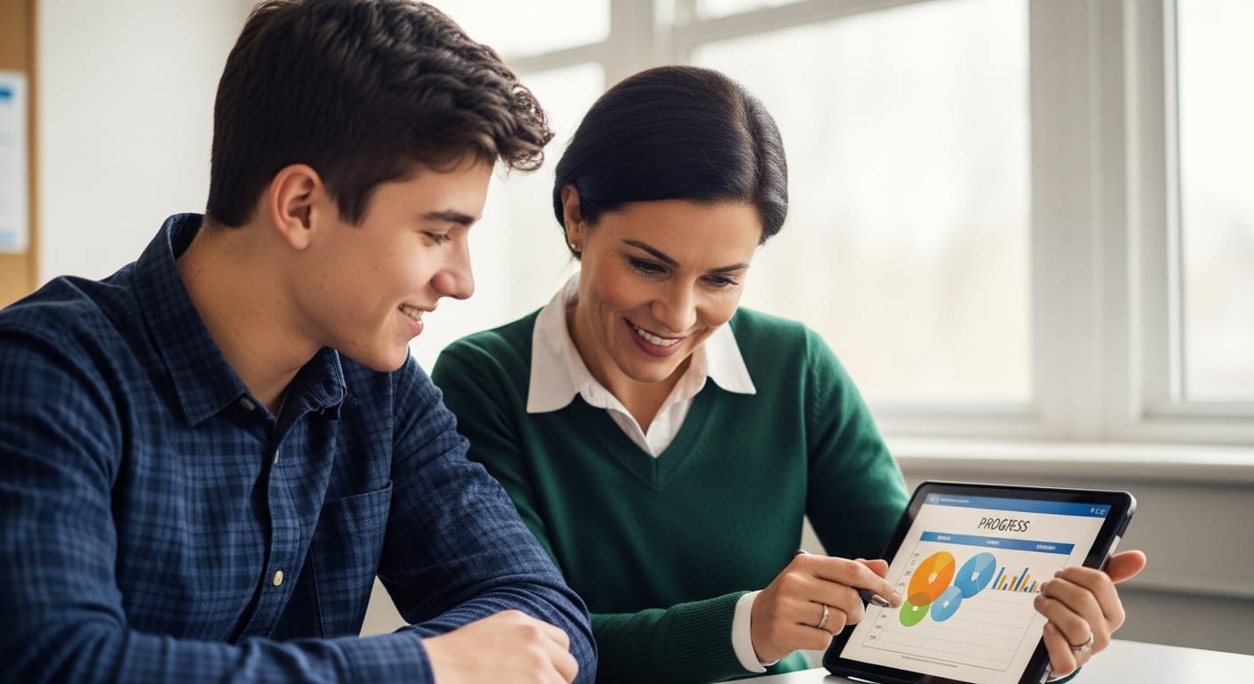 A teacher privately showing a student their progress chart on a tablet, encouraging self-guided learning improvement.