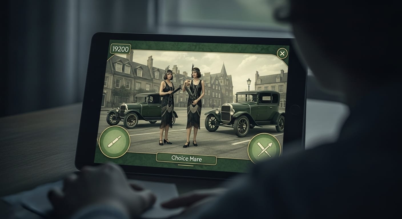 "Student playing a Gimkit game set in the 1920s, making story-based choices to understand historical impact