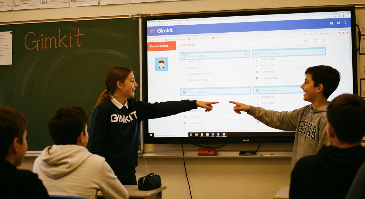 Students smiling as they see shared answers during an interactive quiz game on a smartboard, sparking conversation and connection