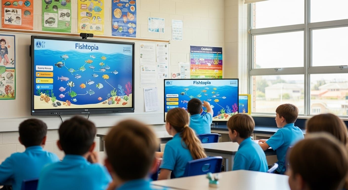 Student playing Gimkit’s Fishtopia game to explore ecological systems and resource management in science class