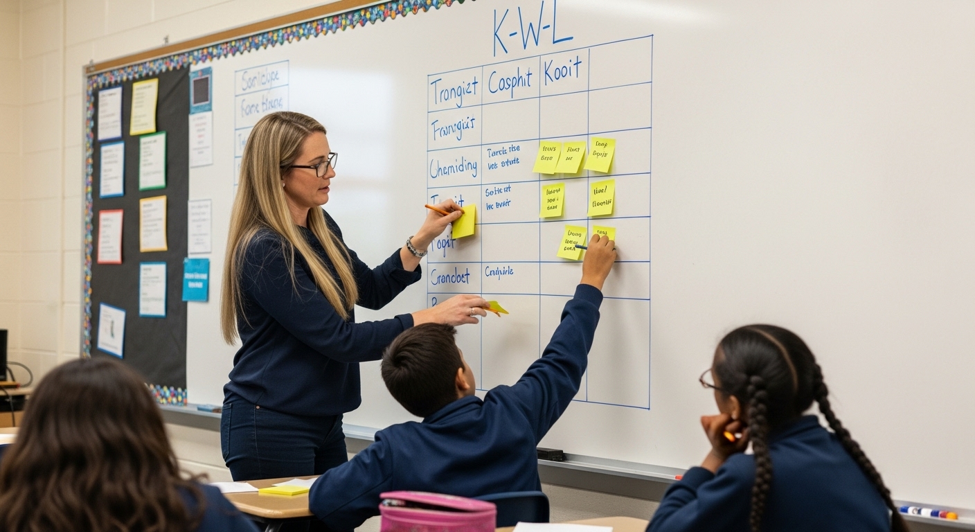 Teacher standing at the whiteboard while students fill out a K-W-L chart, encouraging reflection before learning