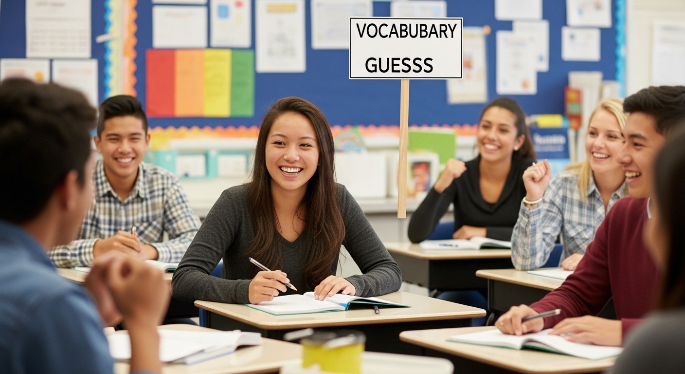 A student smiling as they guess a vocabulary word in a fun classroom activity, classmates laughing and participating