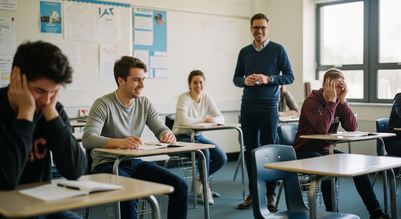 Relaxed classroom setting where students are casually interacting and having fun during an ungraded game