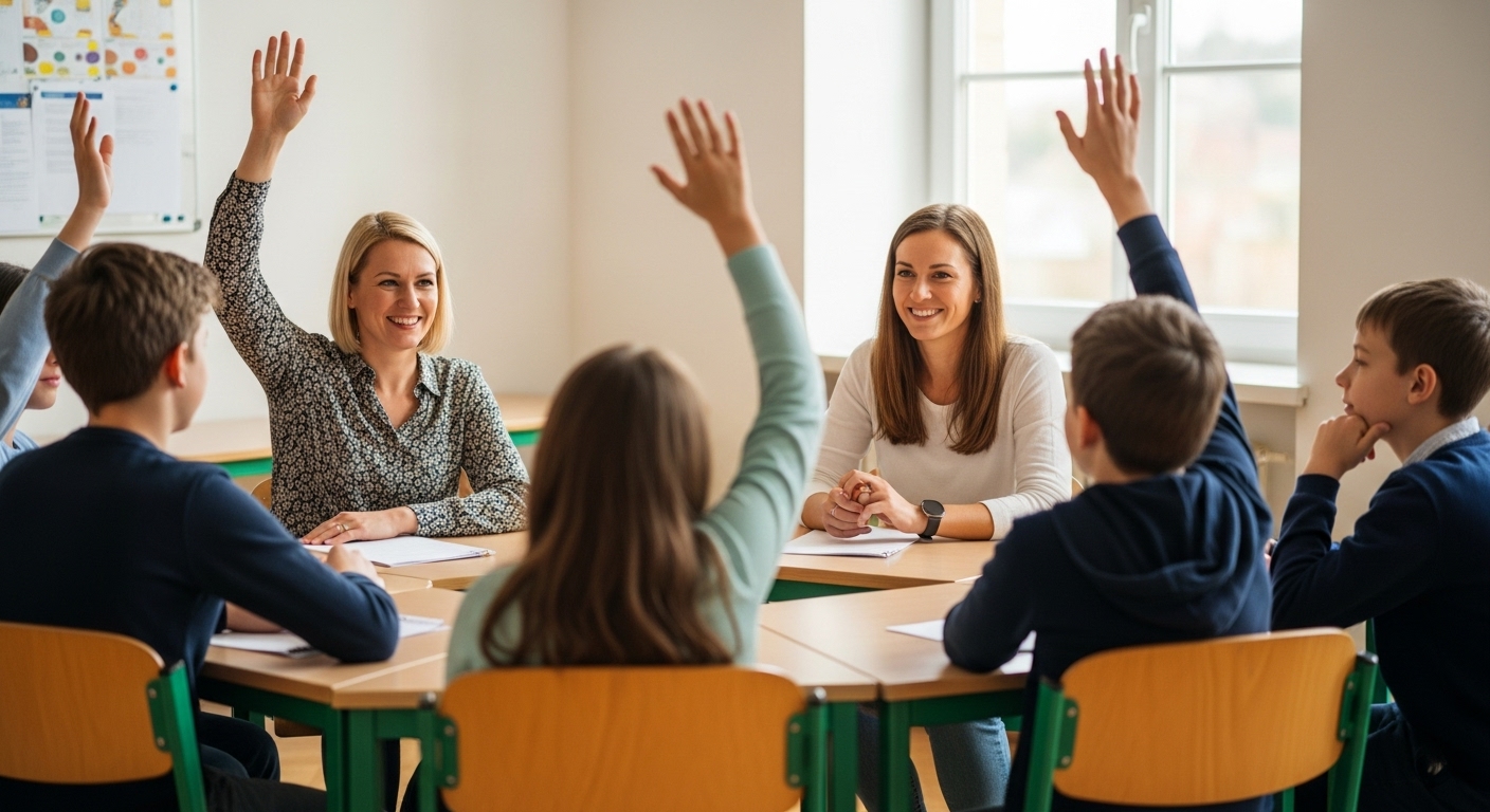 Teacher leading a class discussion after a game, students raising hands and sharing thoughts while others listen