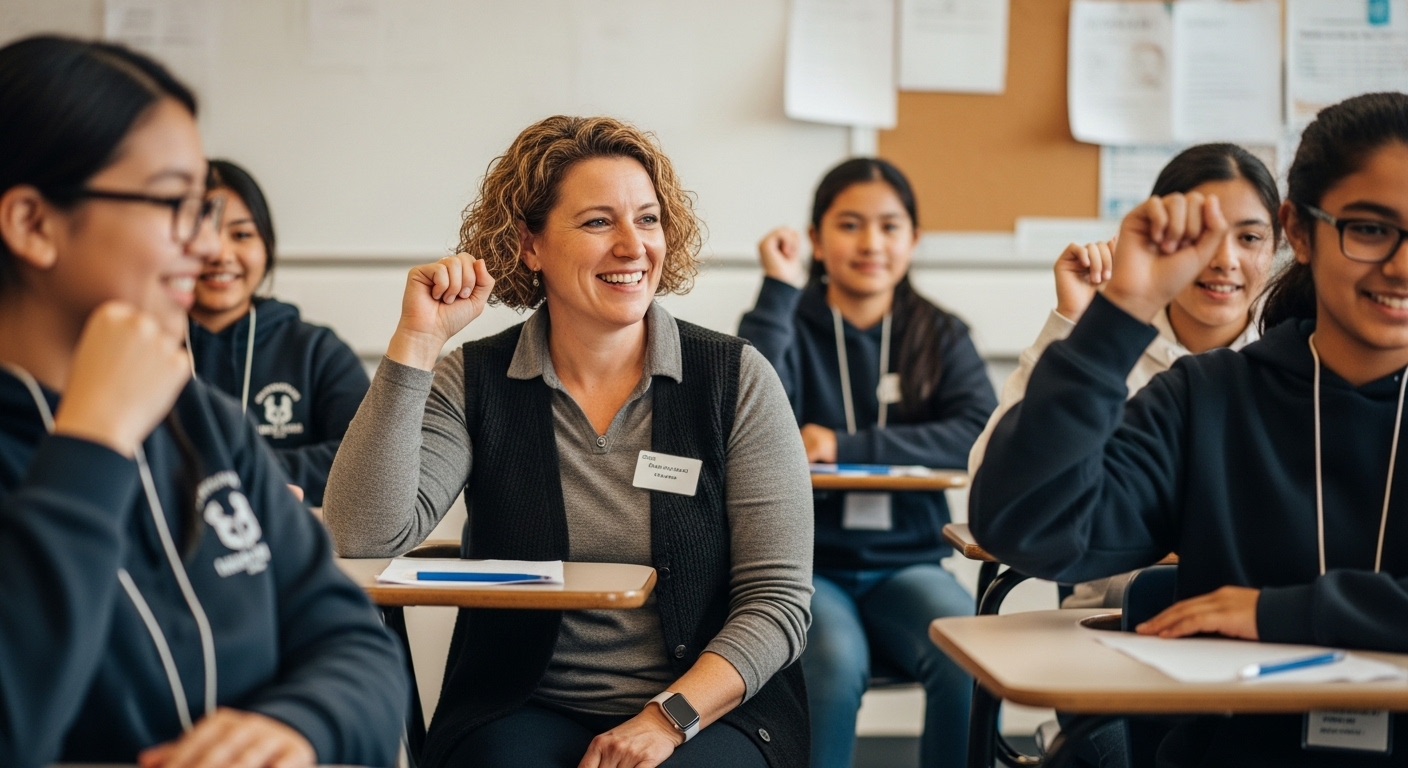 Teacher laughing and participating in a classroom icebreaker game alongside students, showing camaraderie