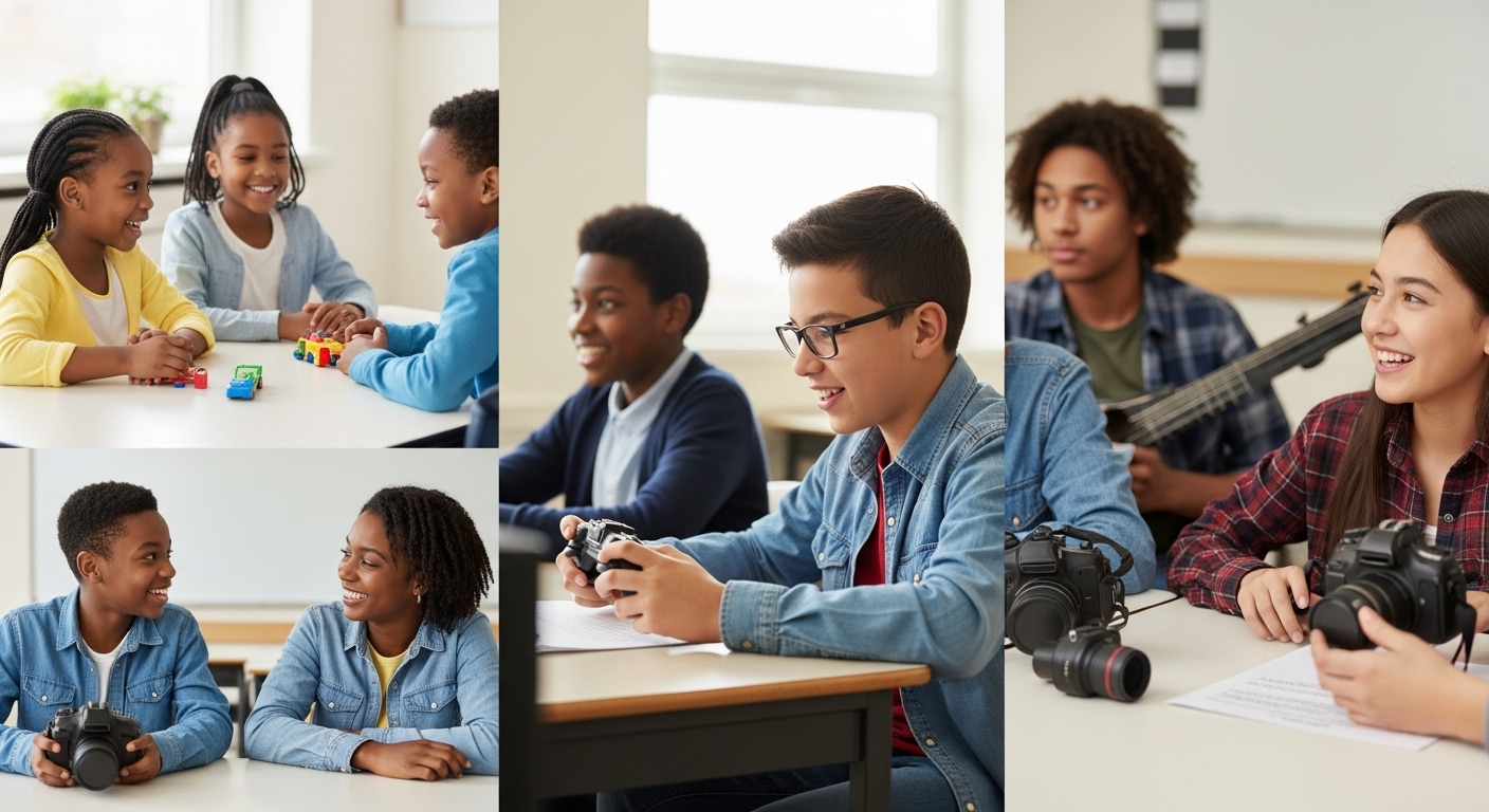 Different classrooms showing age-appropriate questions being used for elementary, middle, and high school students during an icebreaker game