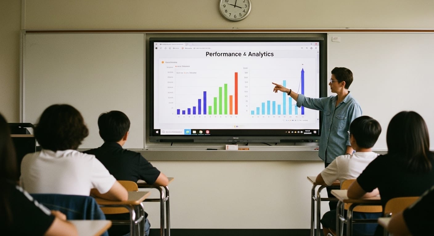 Digital dashboard showing class-wide student performance on a large monitor in a modern classroom
