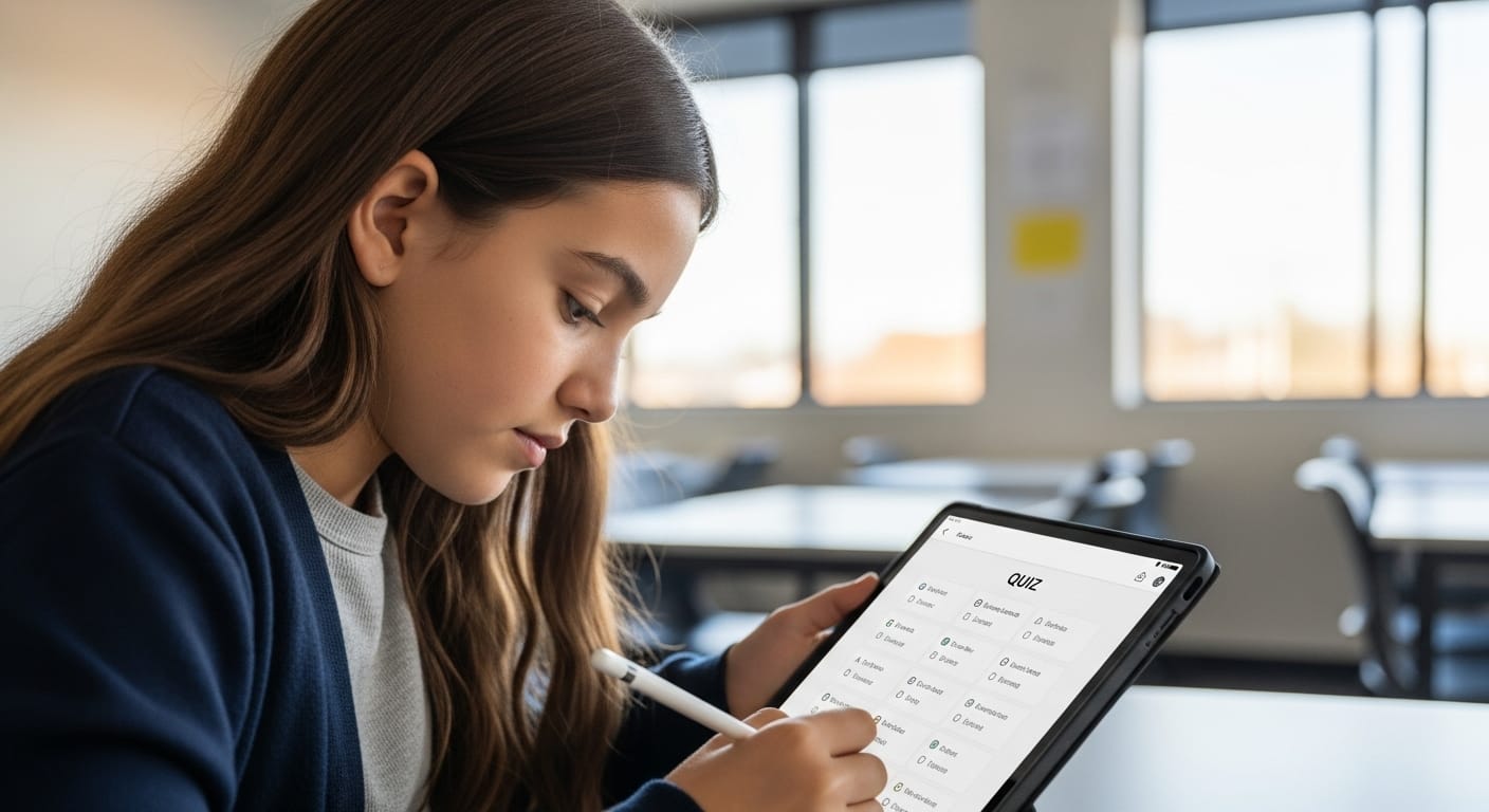 Focused student using digital quizzes and notes to develop deeper understanding beyond just memorizing facts