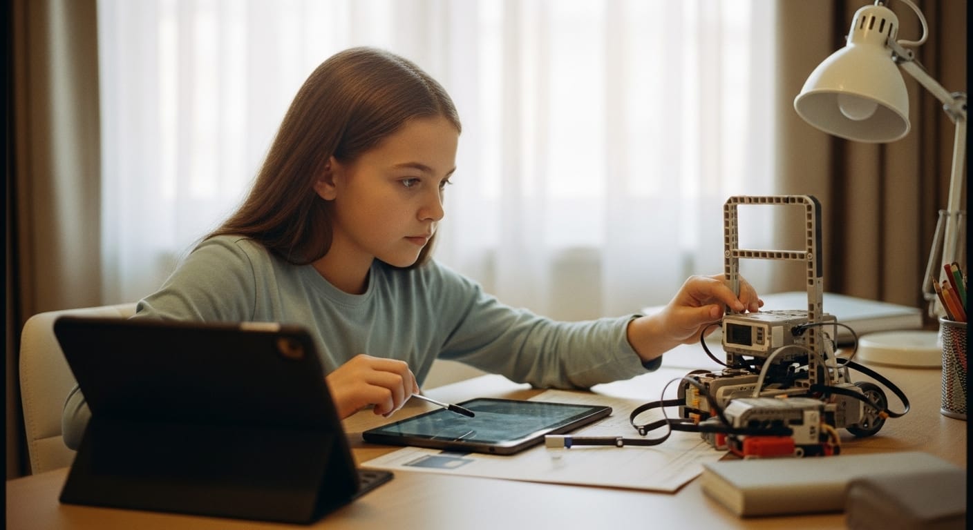 A curious young girl using a tablet and robotics kit, symbolizing future careers and learning technology skills.