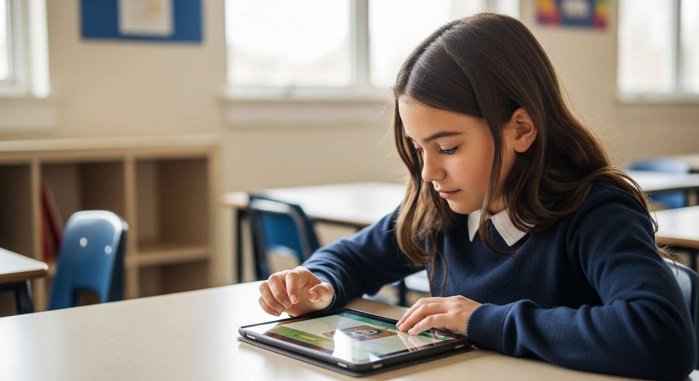 A shy student using a tablet to participate in a classroom game, smiling gently without needing to speak.