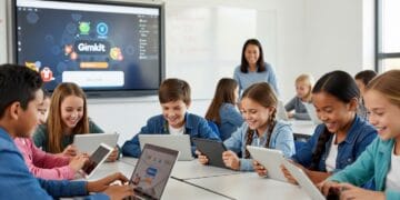 A diverse group of K-12 students (boys and girls, various ethnicities) laughing and smiling while actively engaged with tablets and laptops in a modern, brightly lit classroom. Some students are looking at their screens with concentration, while others are interacting with peers. A teacher is in the background, smiling and observing, a large interactive whiteboard displaying a colorful Gimkit interface. The overall scene conveys a sense of fun, collaboration, and active learning.