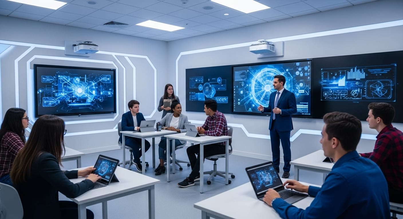 Students in a high-tech classroom working collaboratively, learning future-ready skills for an evolving world