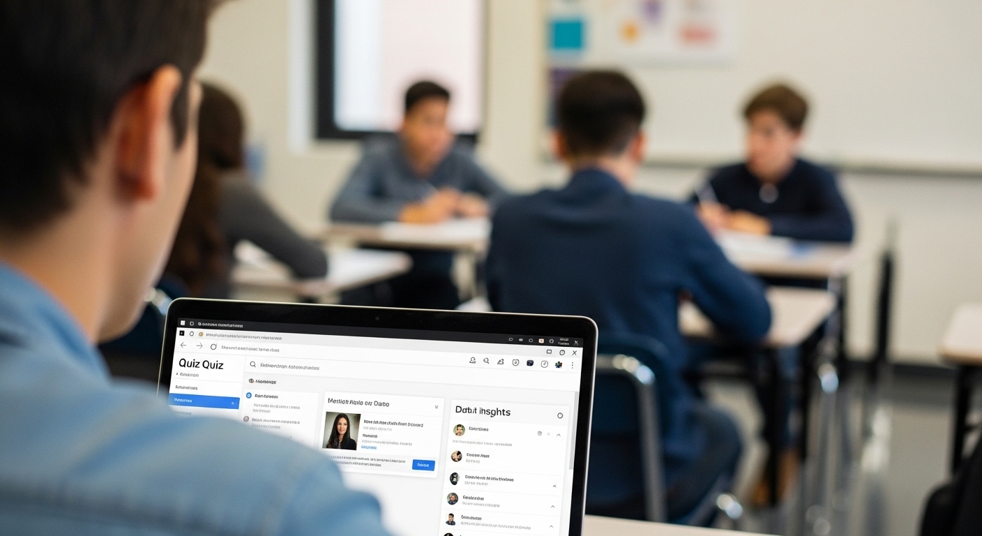 A teacher looking at data insights from a digital classroom game on their laptop, with students visible in the background.