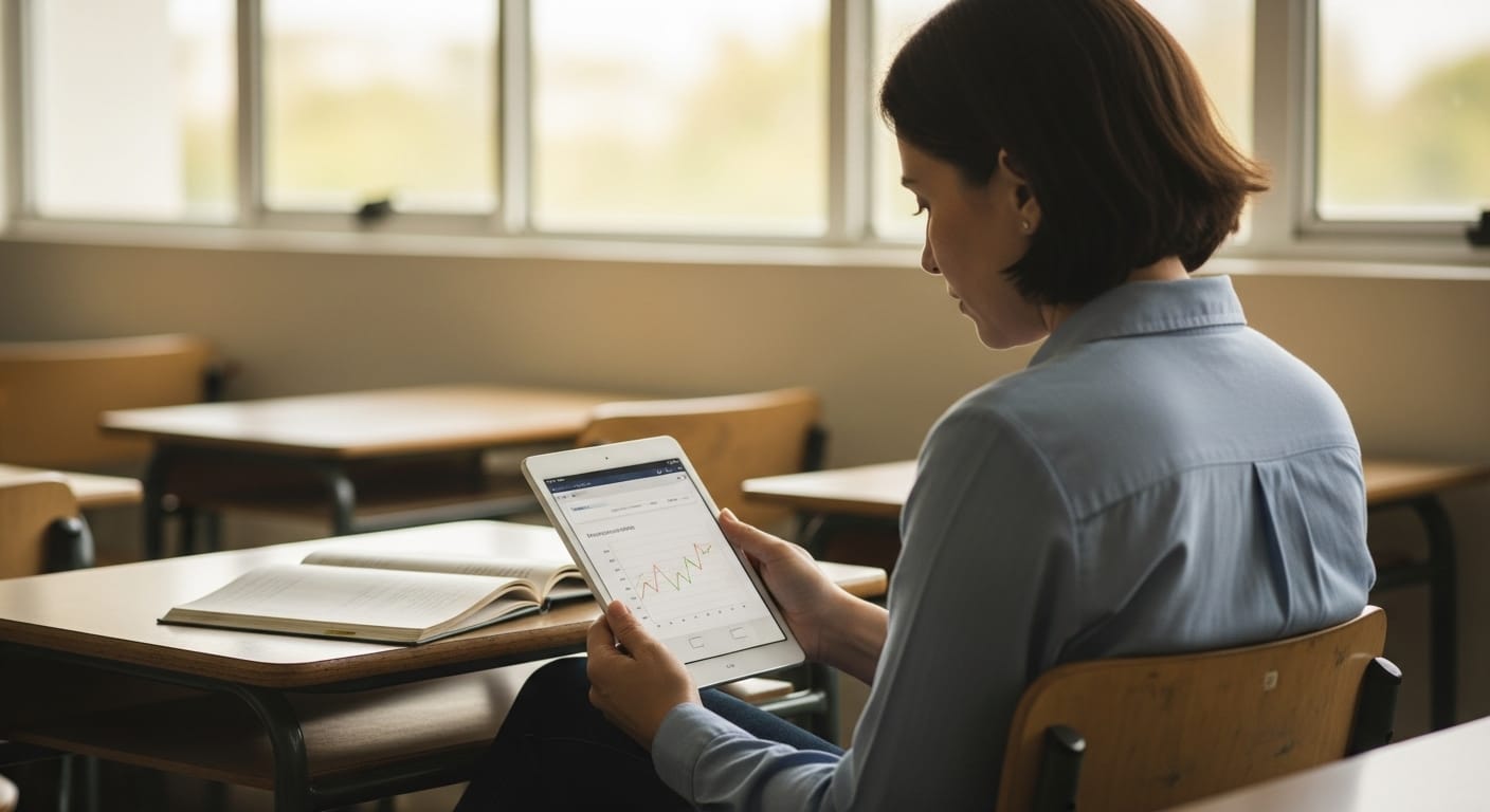 Teacher looking at a student-specific performance report on a tablet with concern 