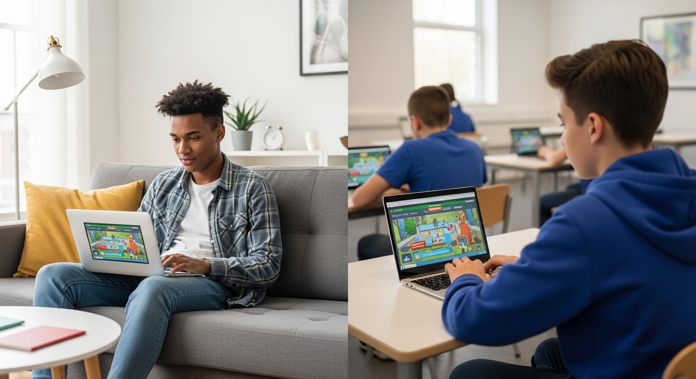 A student at home and another in a classroom both playing the same online educational game on laptops.