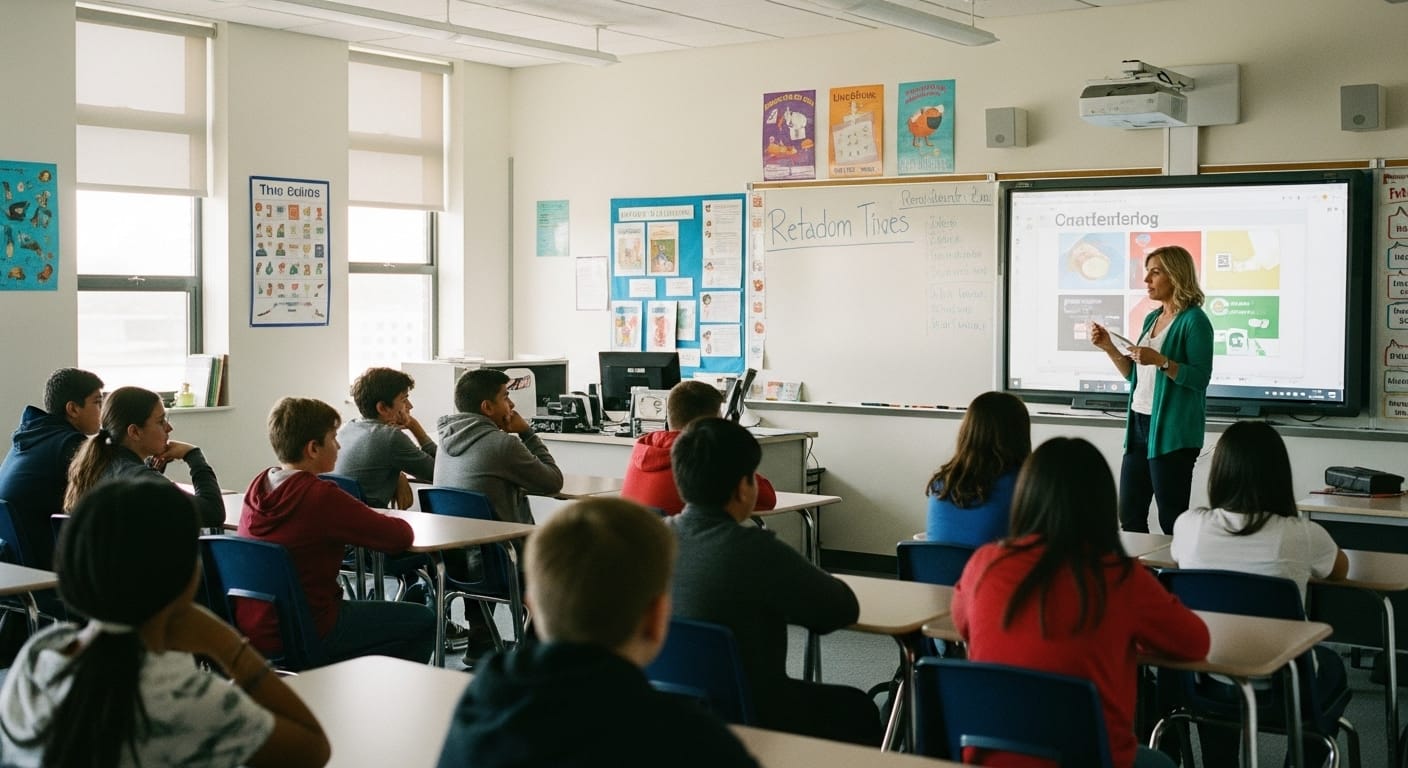 A female teacher standing at the front of a classroom reteaching a concept to a full group of attentive middle school students using a digital smart board.
