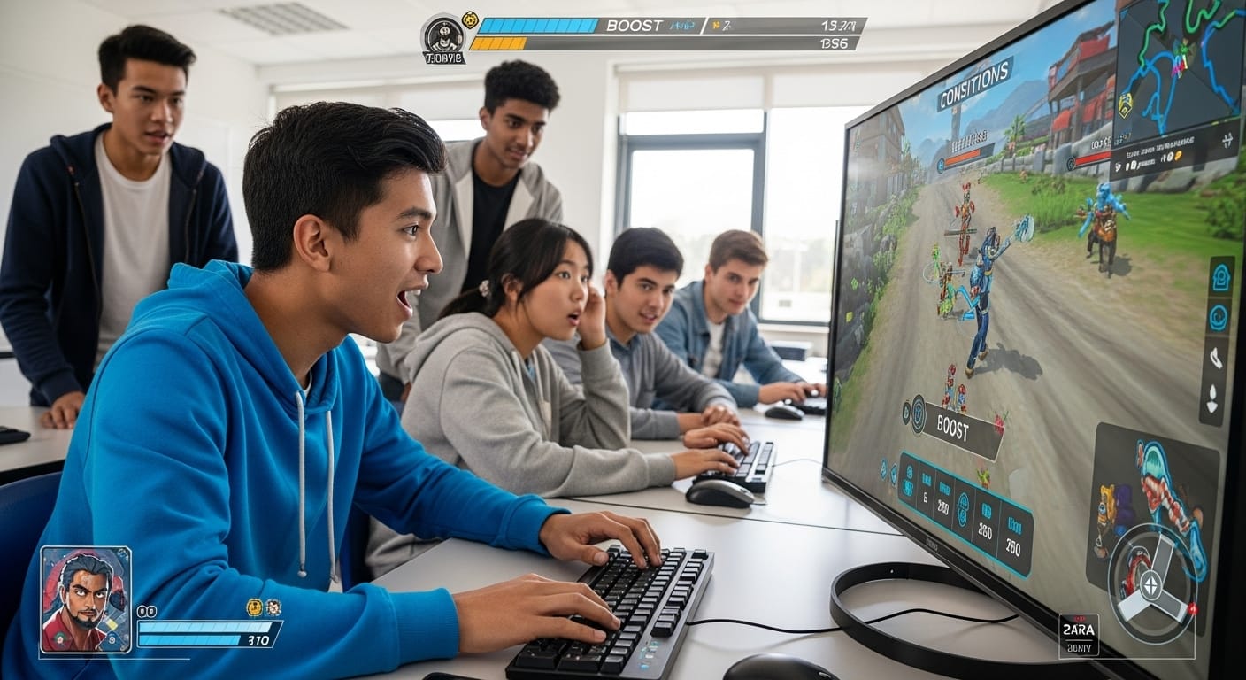 Kids thinking critically while playing a changing Gimkit game with boosts and adaptive choices