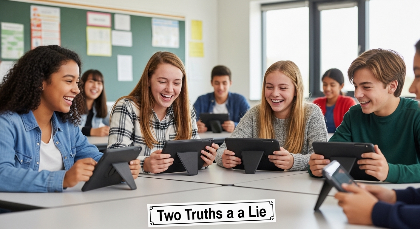 A group of students laughing while playing “Two Truths and a Lie” on an educational game platform in the classroom.