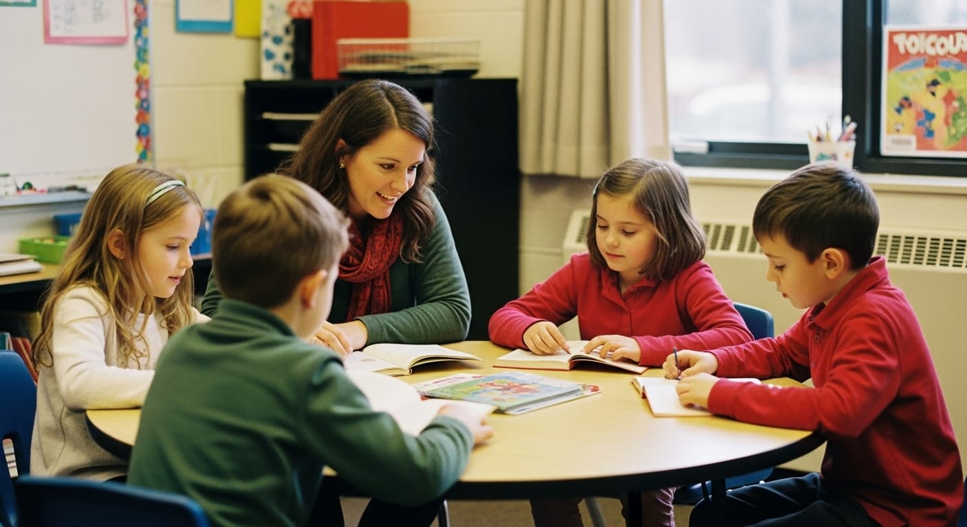 A small group of students working at a round table with a teacher providing individual help, representing small group intervention in an inclusive learning