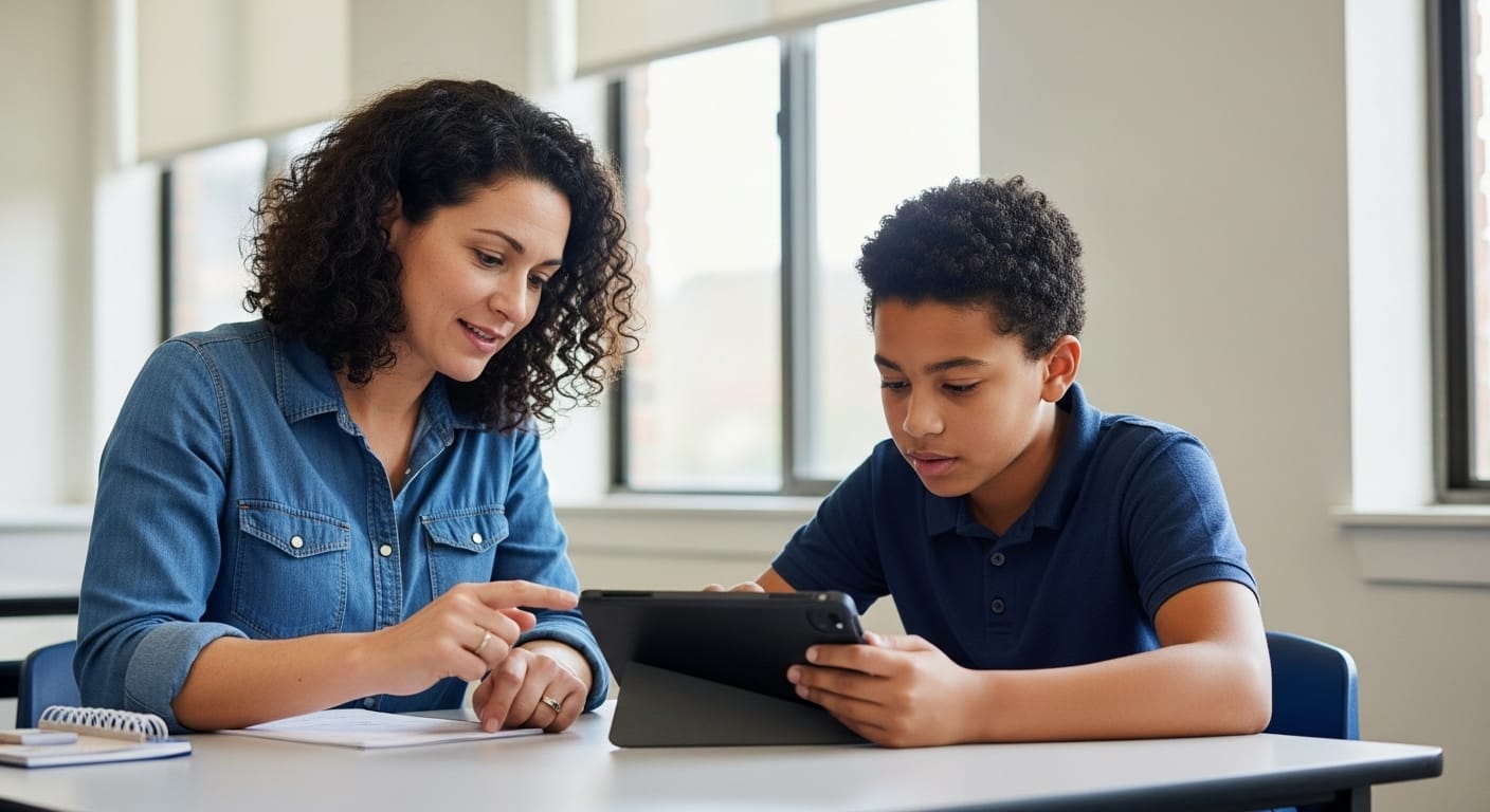 A teacher discussing progress with a student using a tablet, highlighting personalized learning paths in a classroom.