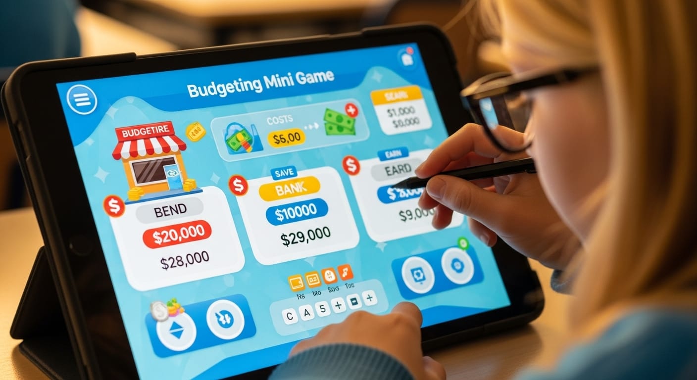 Interactive game on a tablet helping a student practice budgeting and money management skills using Gimkit